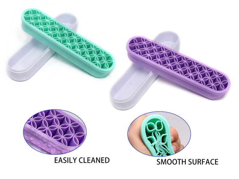 GDFYMI Silicone Makeup Brush Holder, 2Pcs Stand Pen Brush Organizers Drying Rack Travel Storage Box Multi-Purpose Desktop Organizer for Painting Eyeliners Makeup Brushes Pens - Green Purple - Image 2